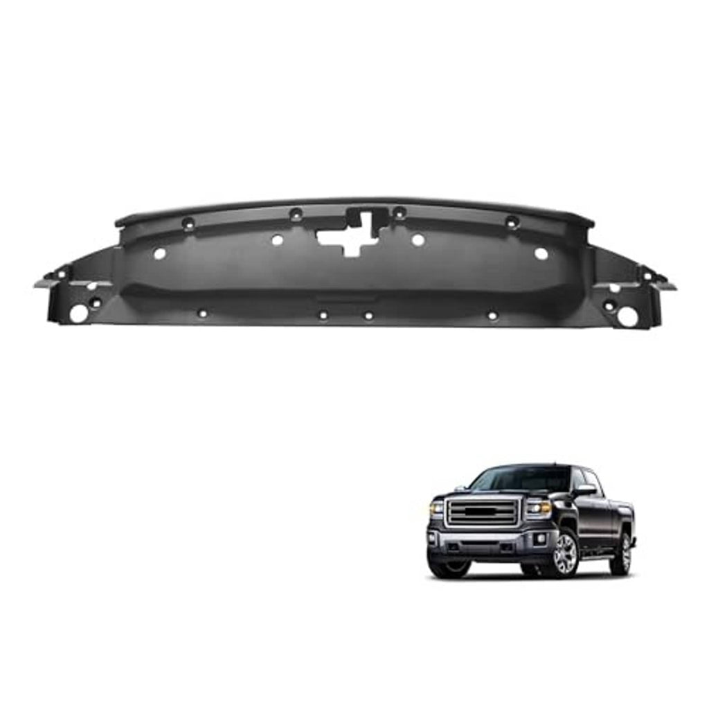 Black upper radiator support cover, curved panel with central bracket and holes