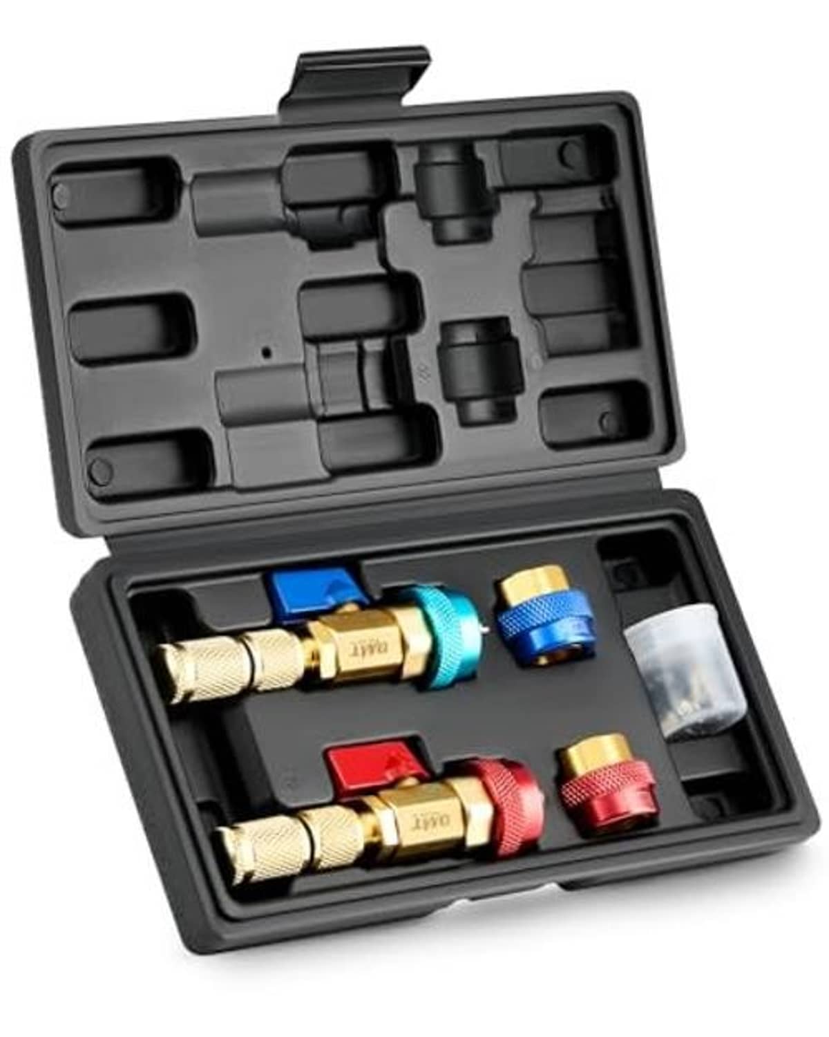 Valve core remover kit with black molded case and blue/red quick couplers, gold fittings