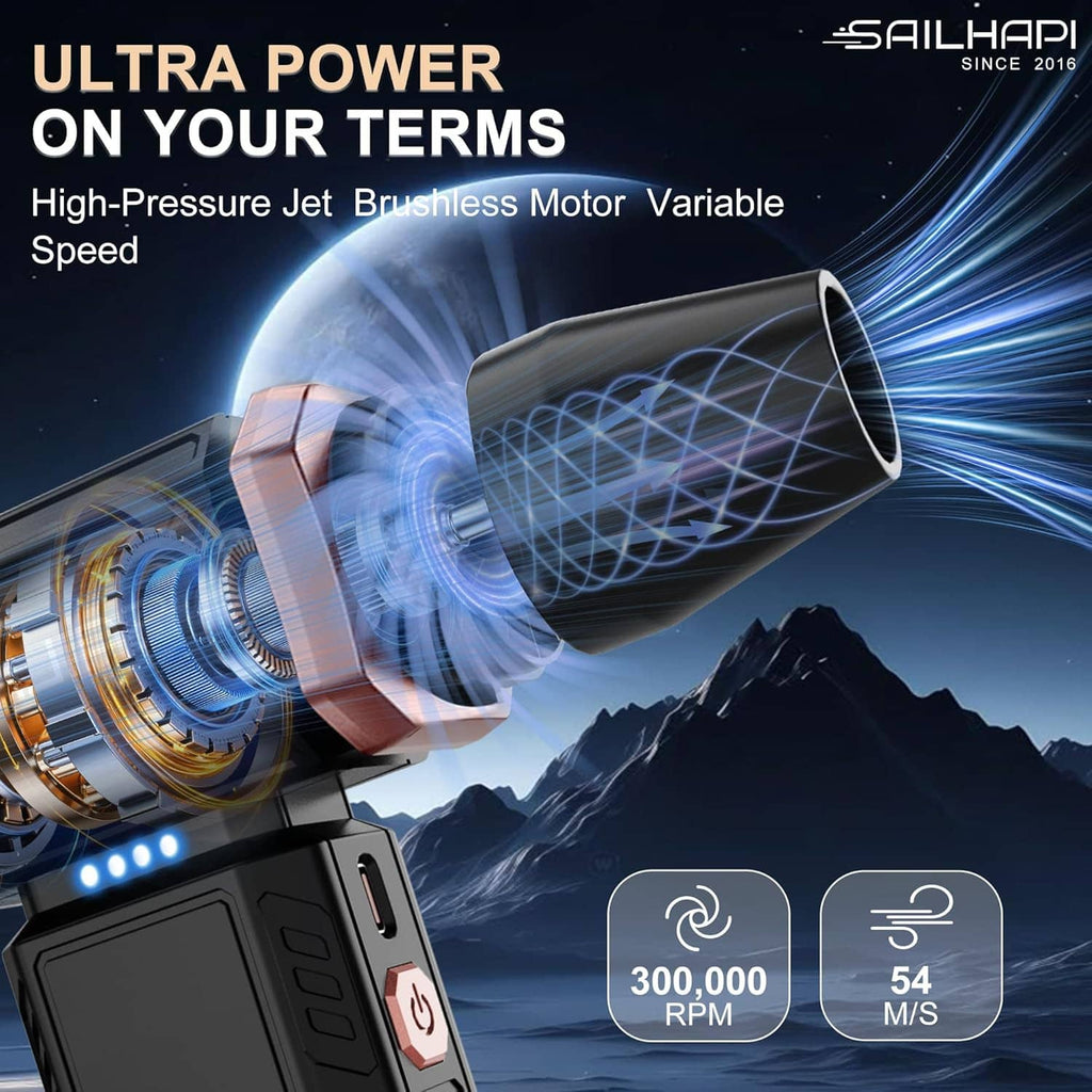 High-speed air duster nozzle with blue airflow fan and 300,000 RPM label