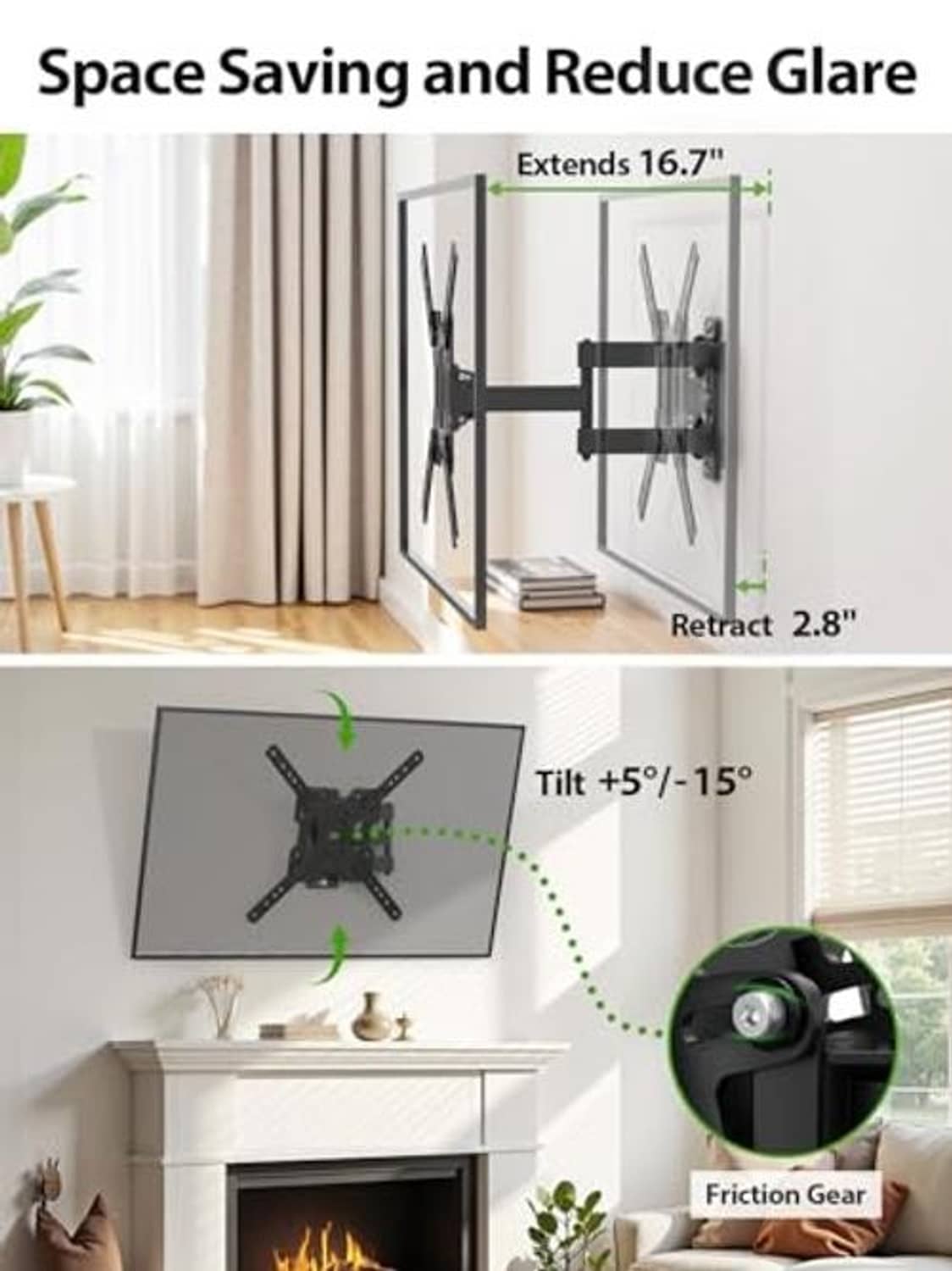 Black full-motion TV wall mount extending outward with adjustable tilt