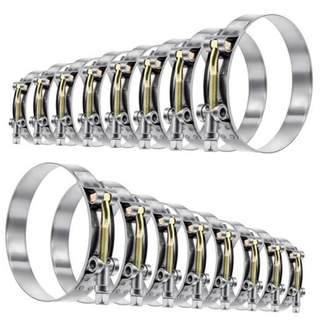 Set of stainless steel T-bolt hose clamps with gold bolts, multiple sizes