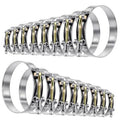 Set of stainless steel T-bolt hose clamps with gold bolts, multiple sizes