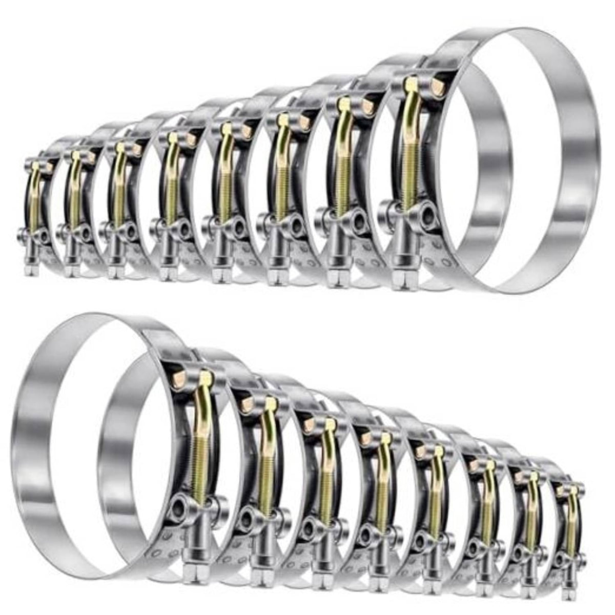 Set of stainless steel T-bolt hose clamps with gold bolts, multiple sizes