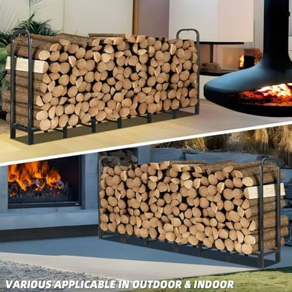 Black steel firewood rack filled with stacked logs for indoor or outdoor use