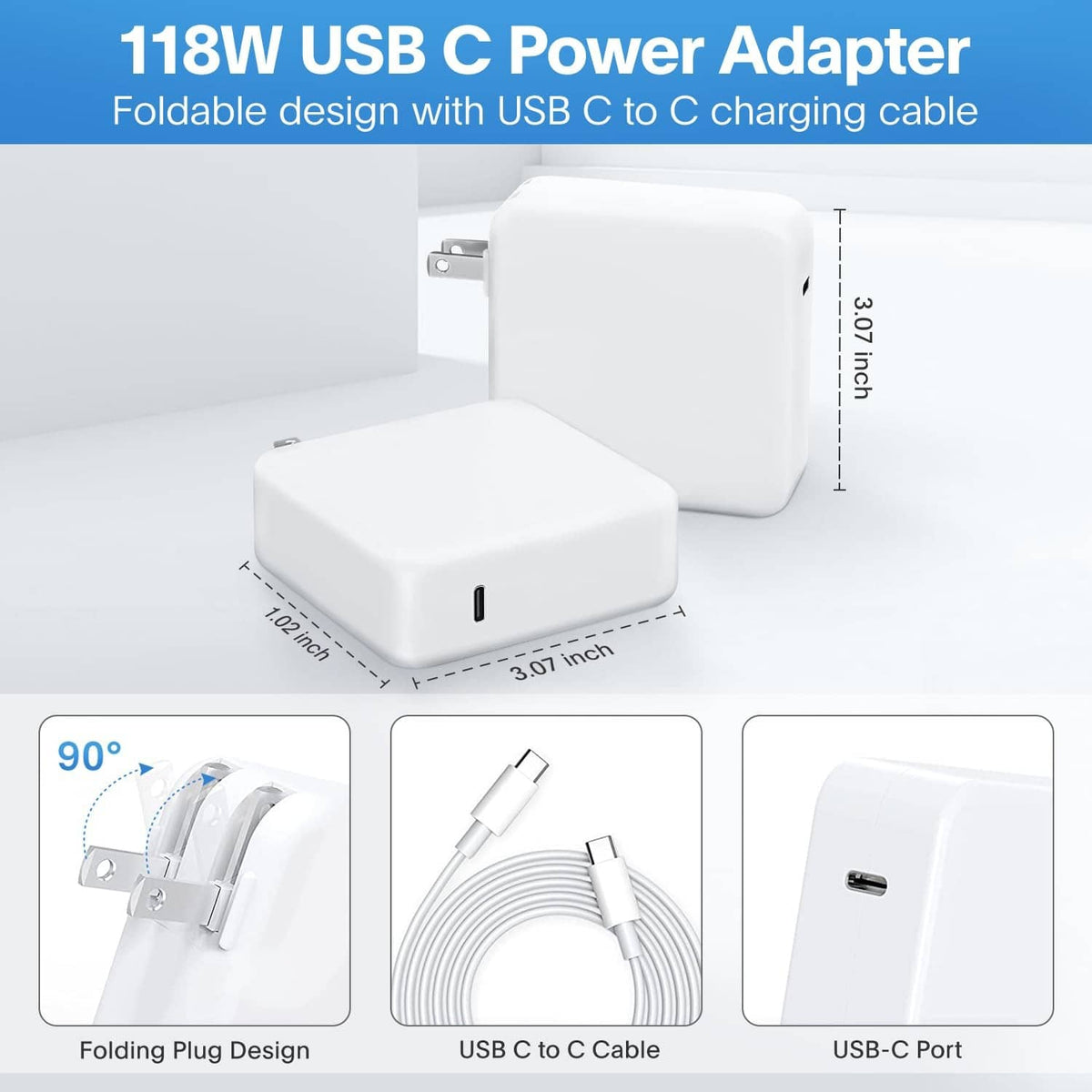 White 118W USB-C power adapter with foldable plug and USB-C to C cable