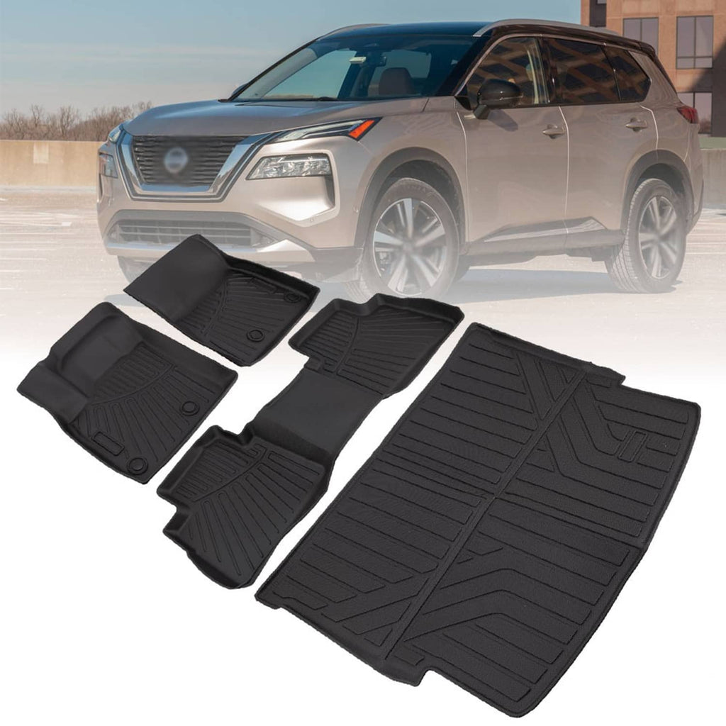 Set of black all-weather floor mats and cargo liner with raised tread patterns