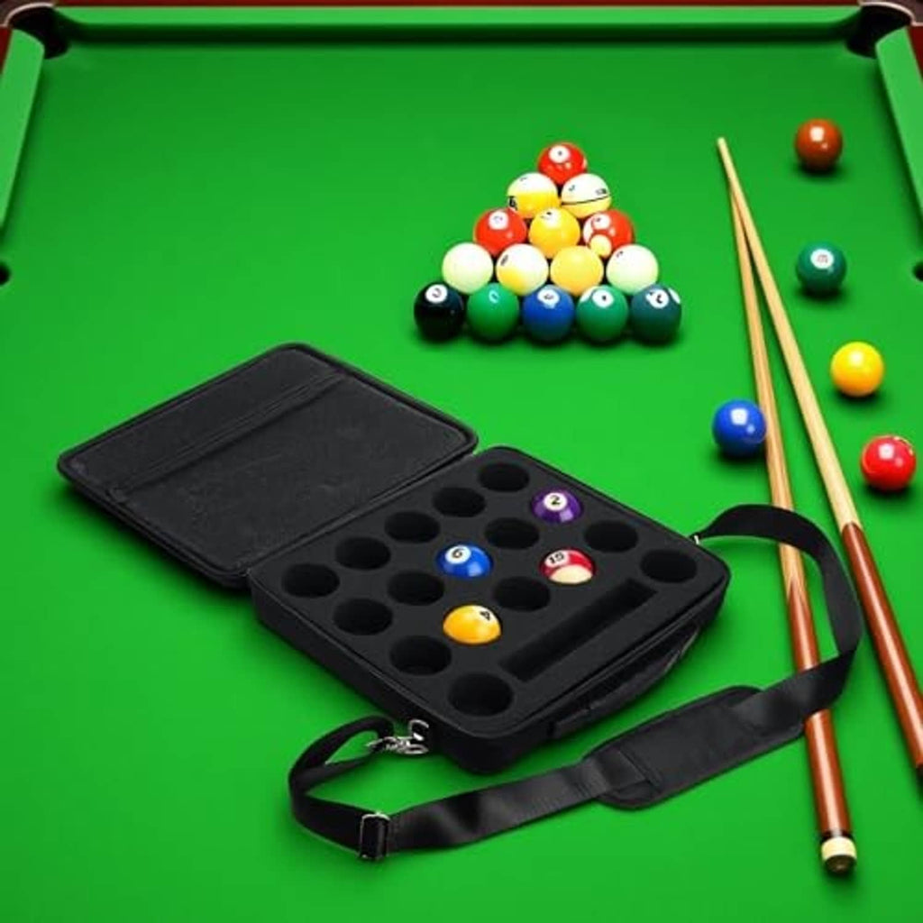 Black open billiard ball case with molded tray and shoulder strap on table