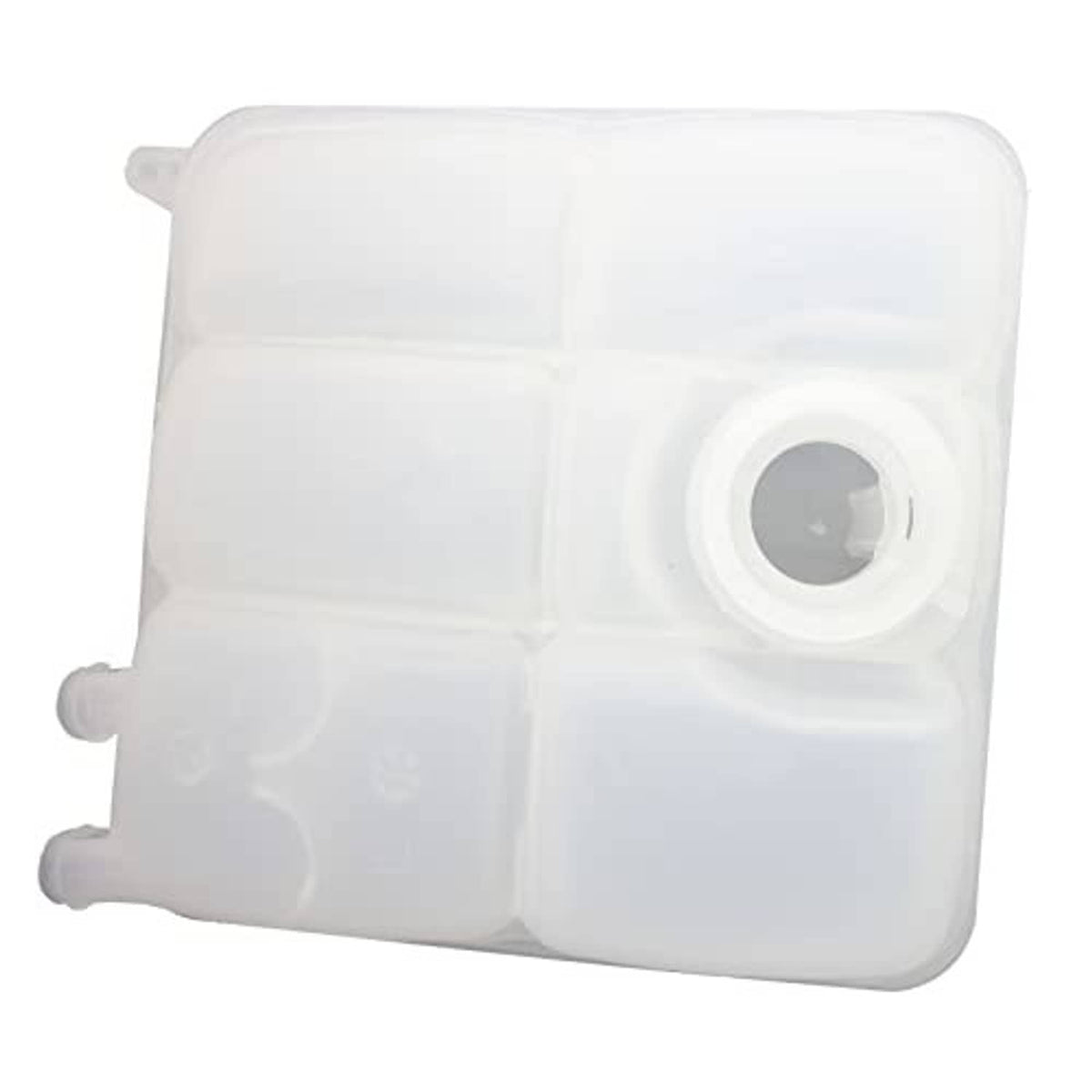 Engine coolant reservoir tank with circular port and translucent white plastic body