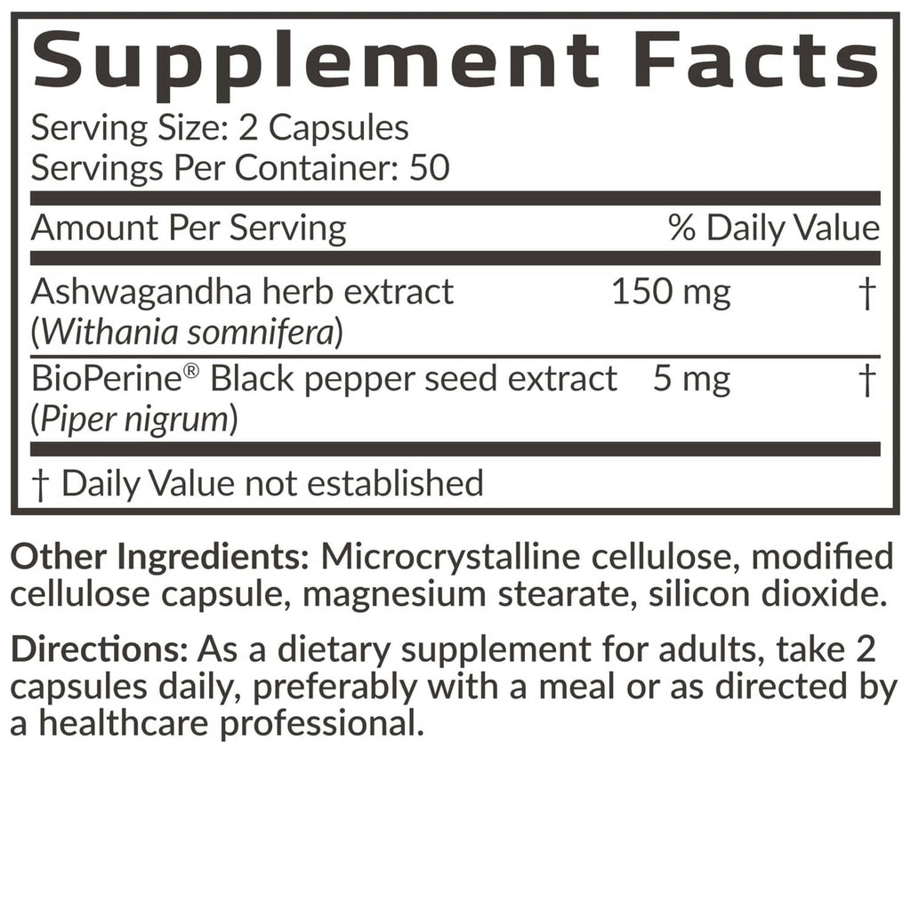 Supplement Facts close-up: 2 capsules serving; ashwagandha 150 mg