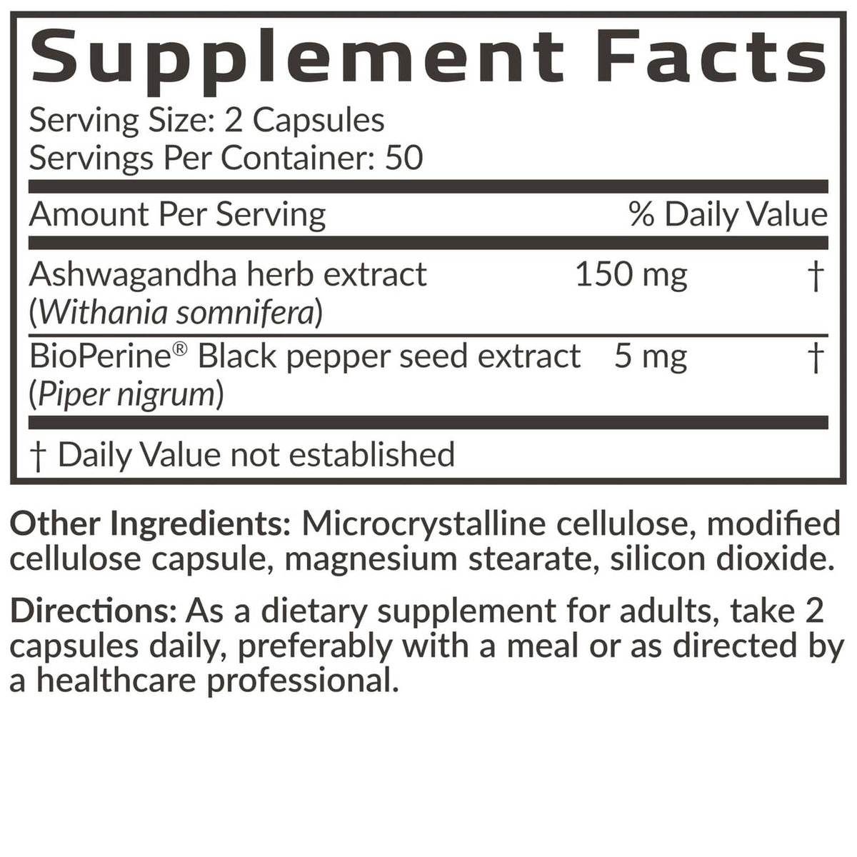 Supplement Facts close-up: 2 capsules serving; ashwagandha 150 mg