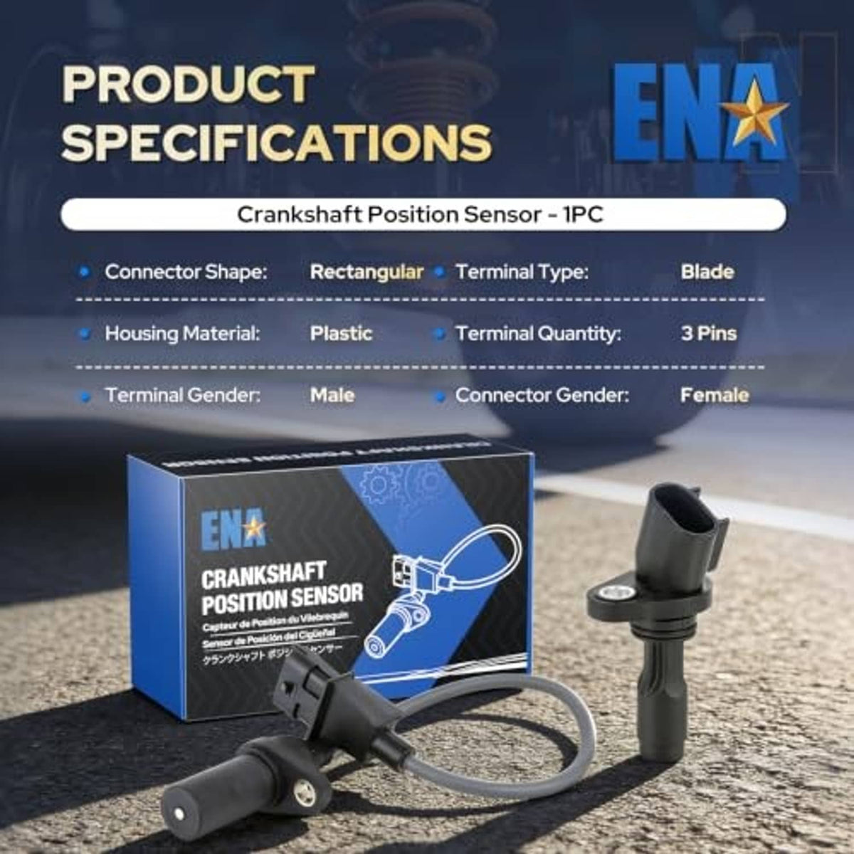 Crankshaft position sensor product specifications showing connector and terminal details