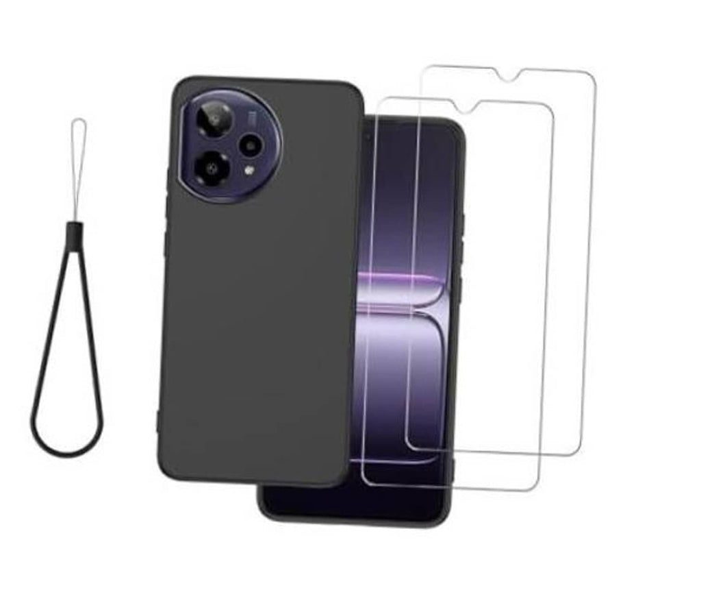 Black matte phone case with camera cutouts, screen protector, and lanyard strap