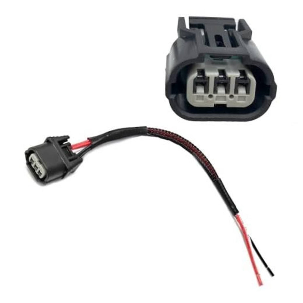 3-way female connector plug with pigtail harness, black housing, red/black wires