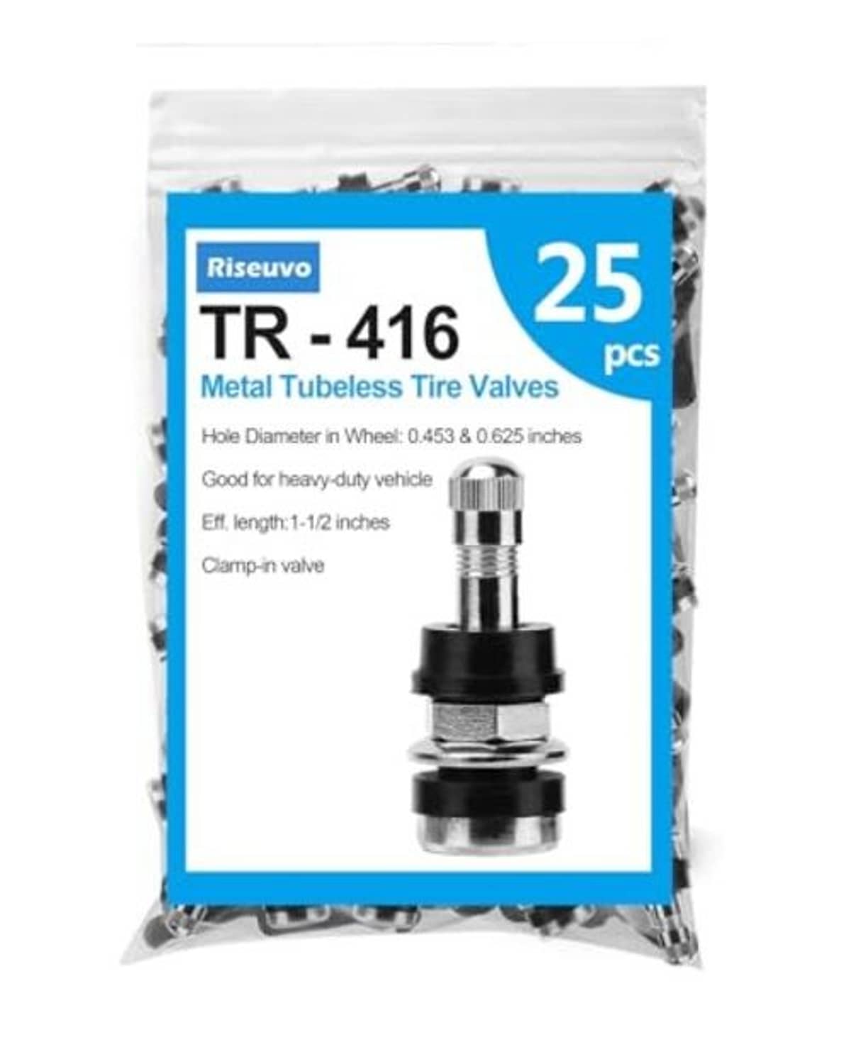 Clamp-in metal tubeless tire valves, chrome stem with black base, 25 pcs TR-416 bag