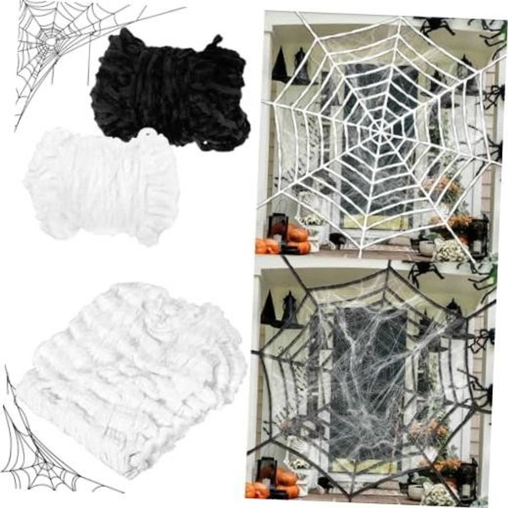 Spider web decoration set: white and black faux cobwebs with heart-like pieces
