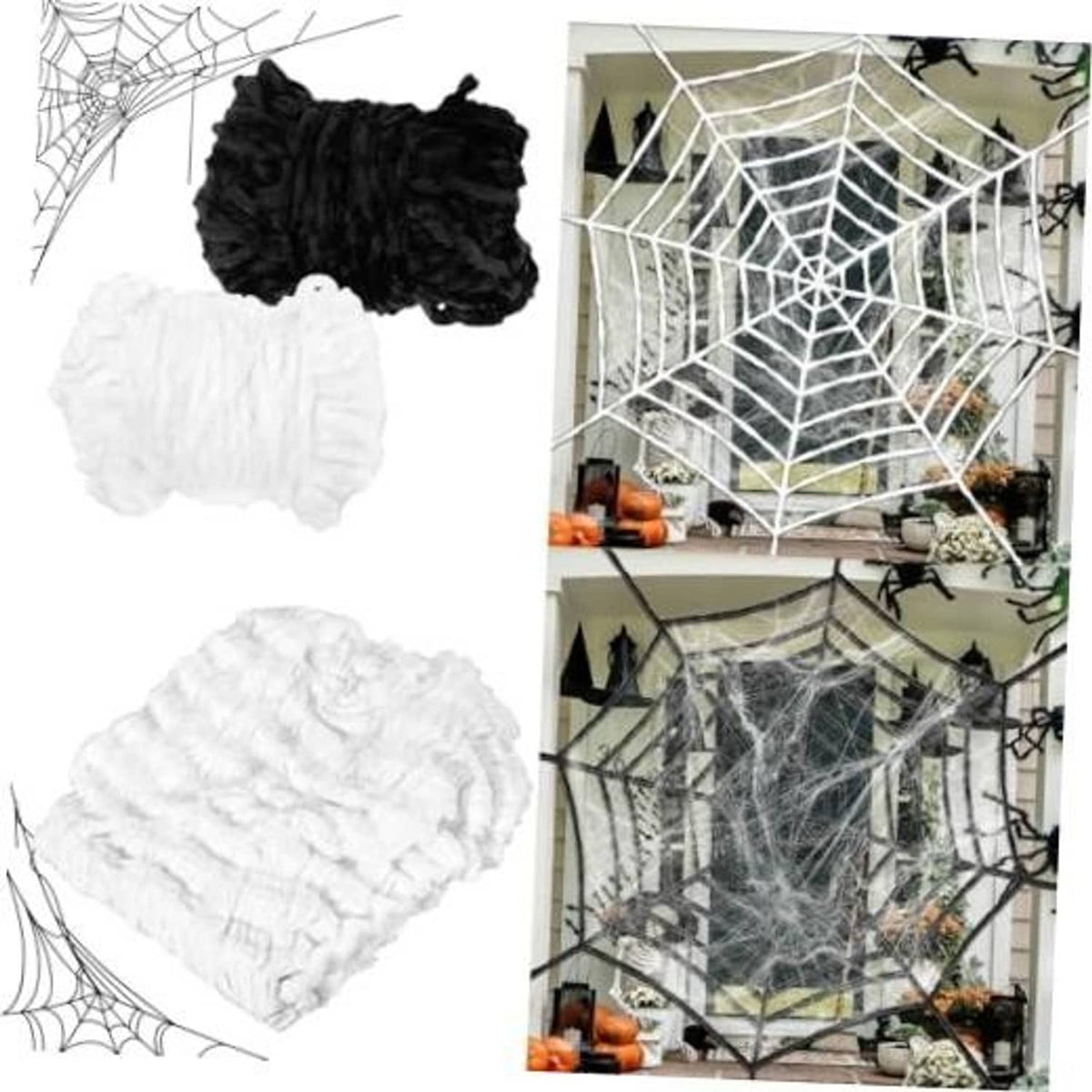 Spider web decoration set: white and black faux cobwebs with heart-like pieces