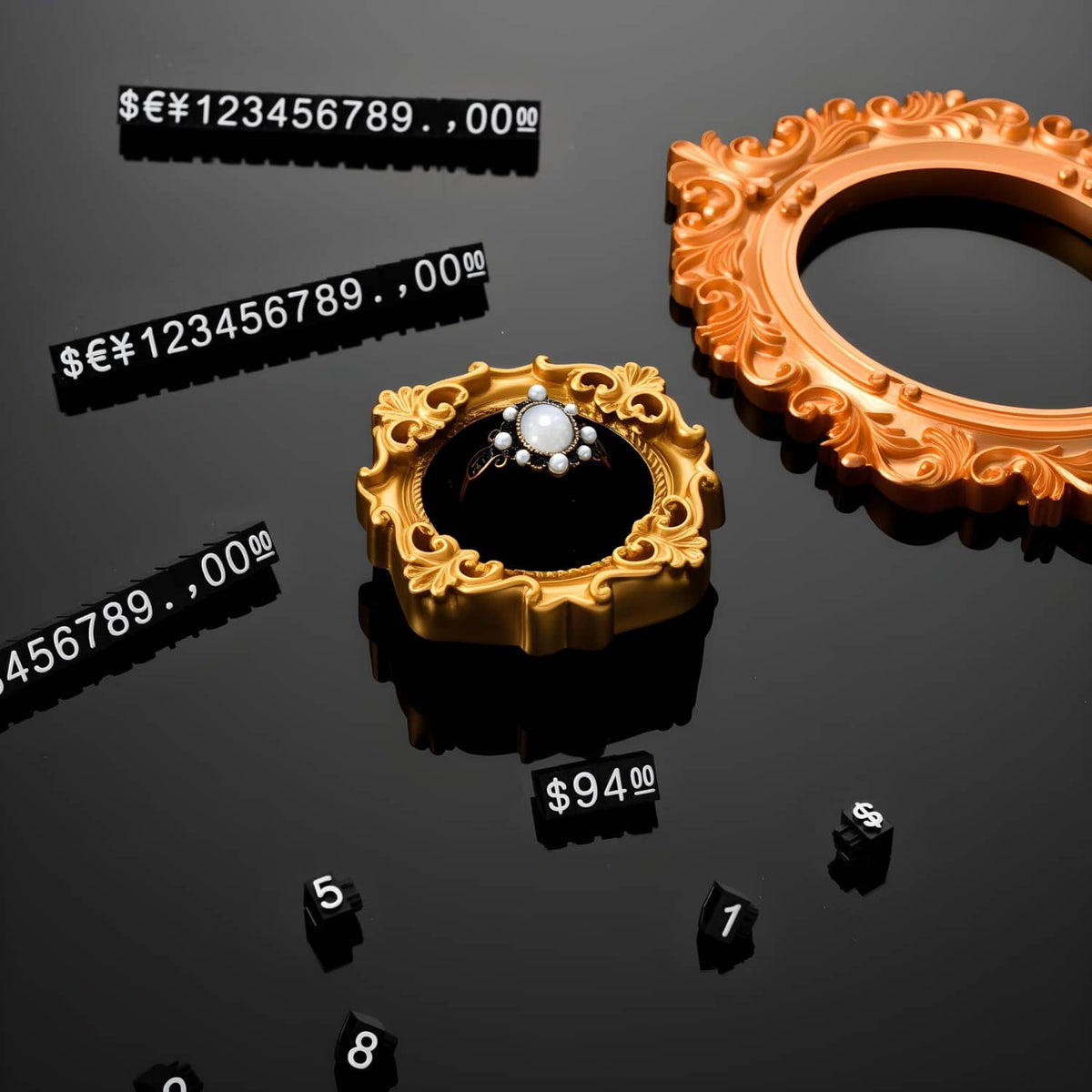 Black price display tags with $94, $1, and number cubes, plus currency strip