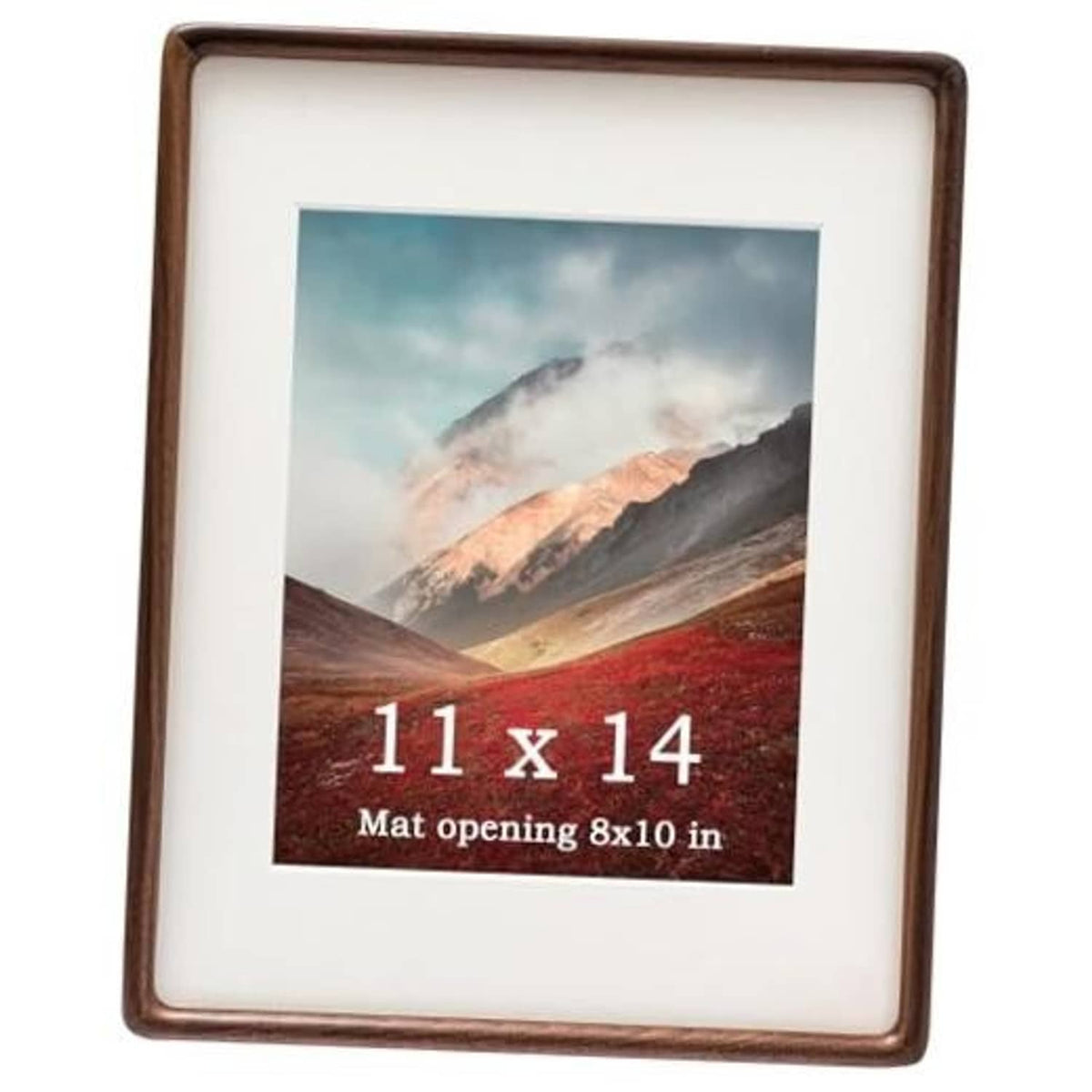 Natural walnut wood picture frame with white mat, holds 11 x 14 photo