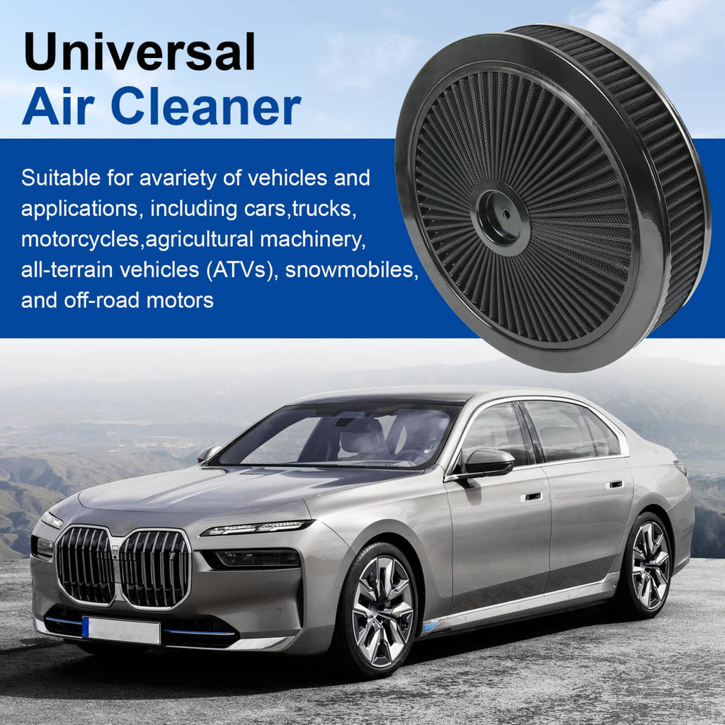 Universal black round air cleaner with radial pleated filter and central threaded outlet