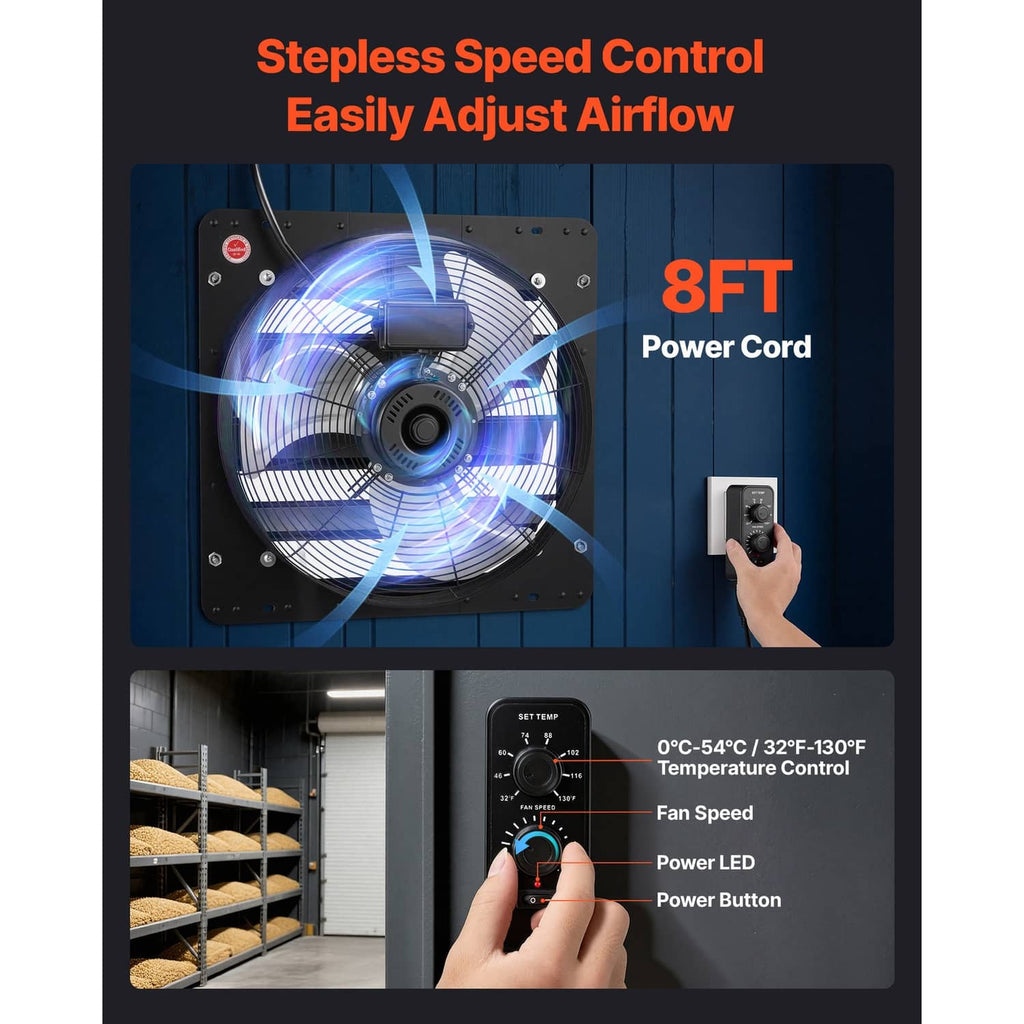 Wall-mount exhaust fan with stepless speed control and temperature settings