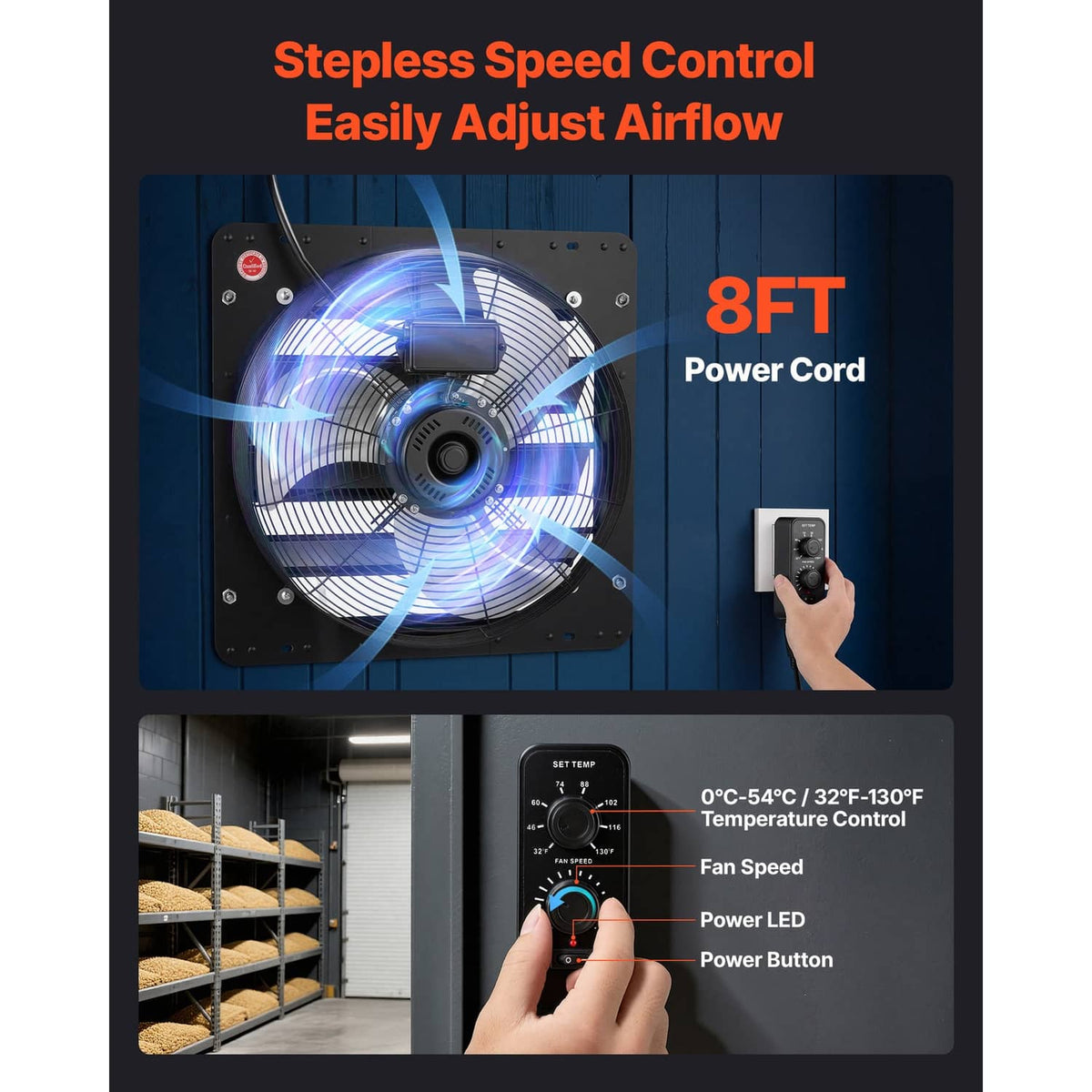 Wall-mount exhaust fan with stepless speed control and temperature settings