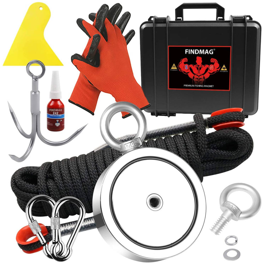 Double-sided fishing magnet kit with rope, gloves, hooks, carabiners, and storage case