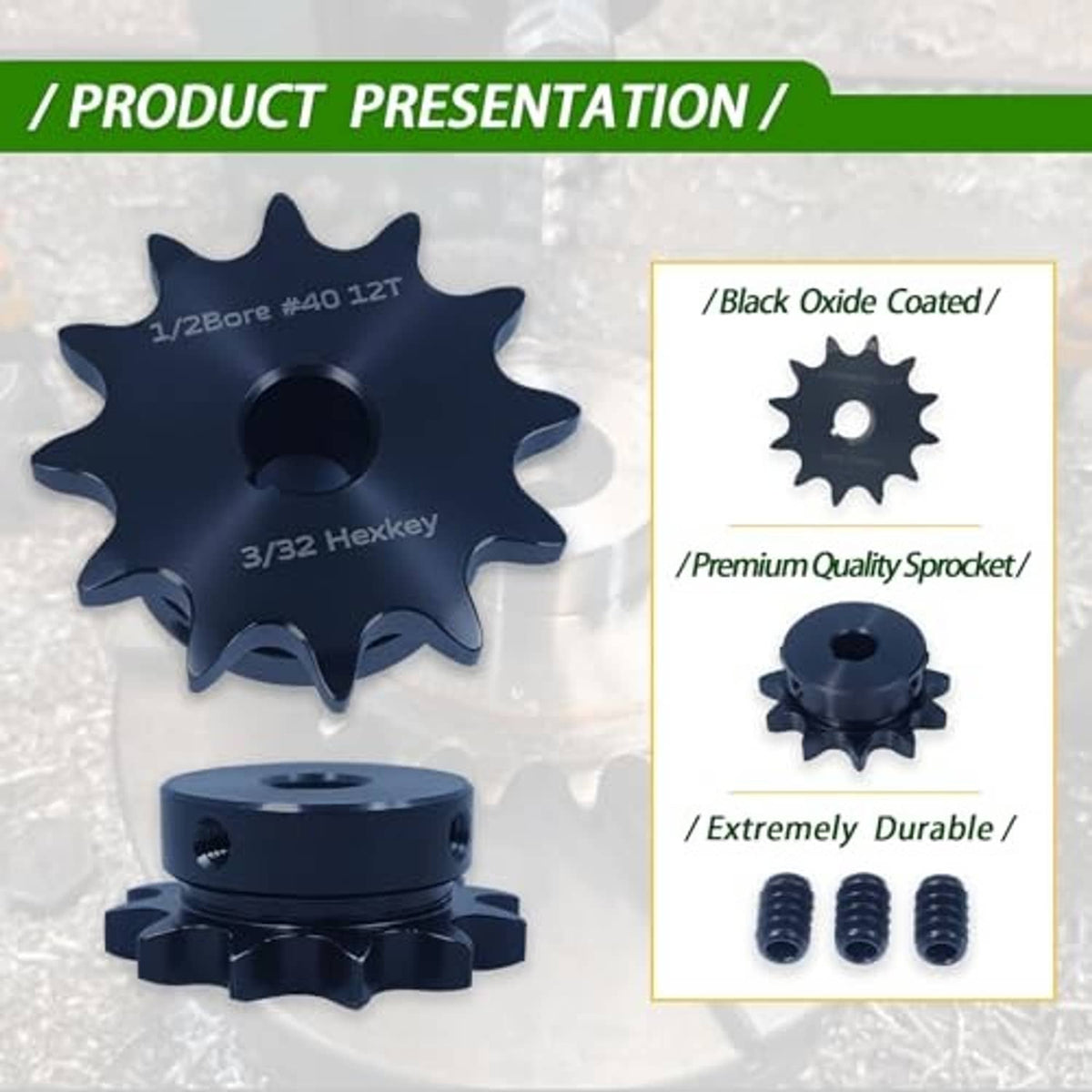 Black oxide coated roller chain sprocket, 11 teeth, 3/32 hex keyway, with screws