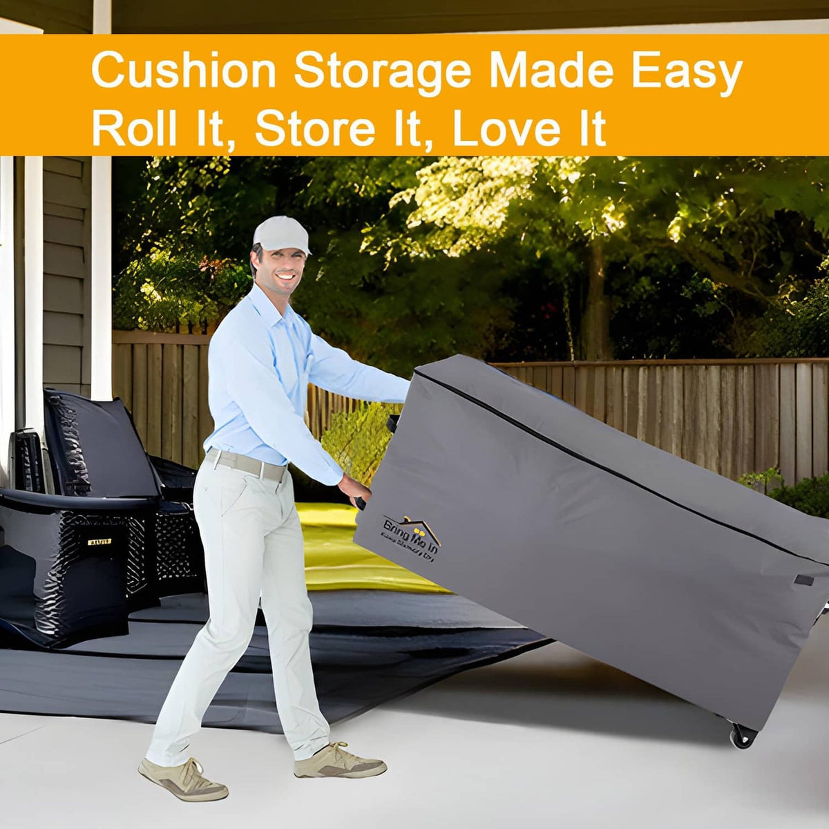 Grey rolling cushion storage bag with wheels for easy transport