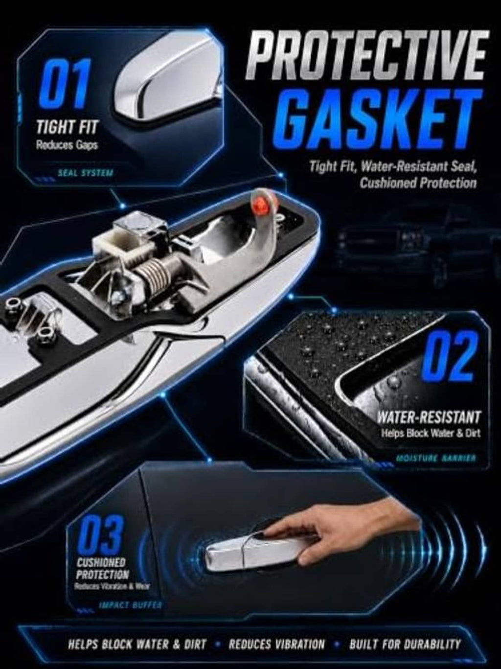 Chrome door handle with protective gasket and internal components shown