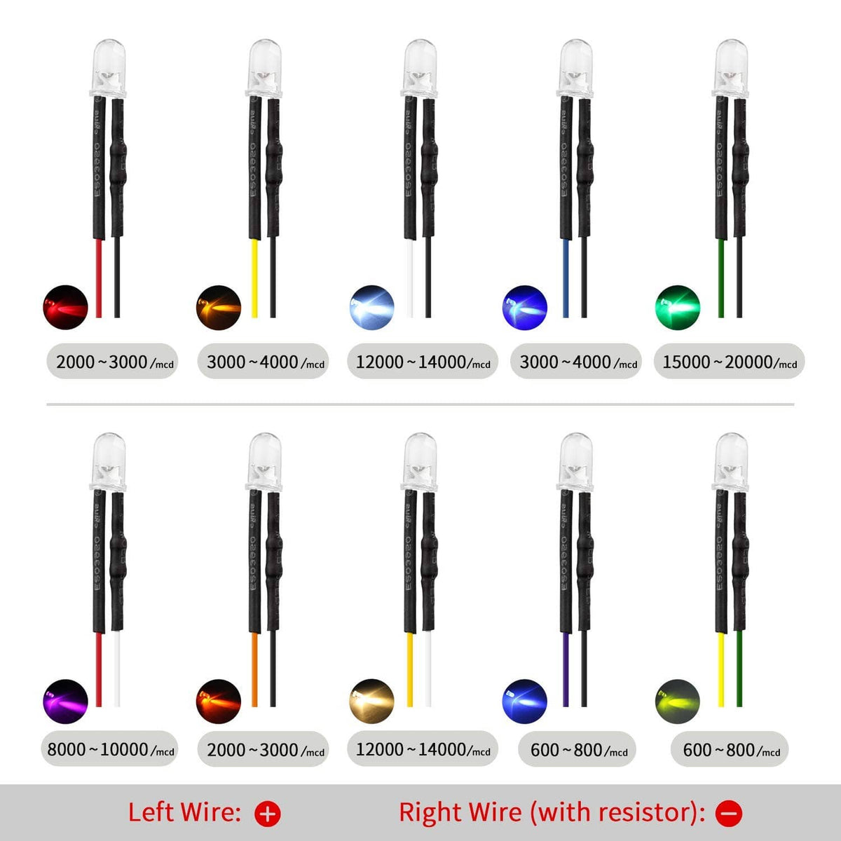 5mm pre-wired LED diodes with various colored glow, clear bulbs on black leads