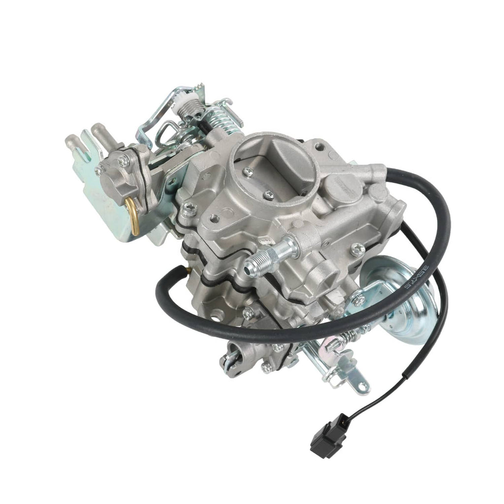 Carburetor assembly with vacuum line and black electrical plug, angled view