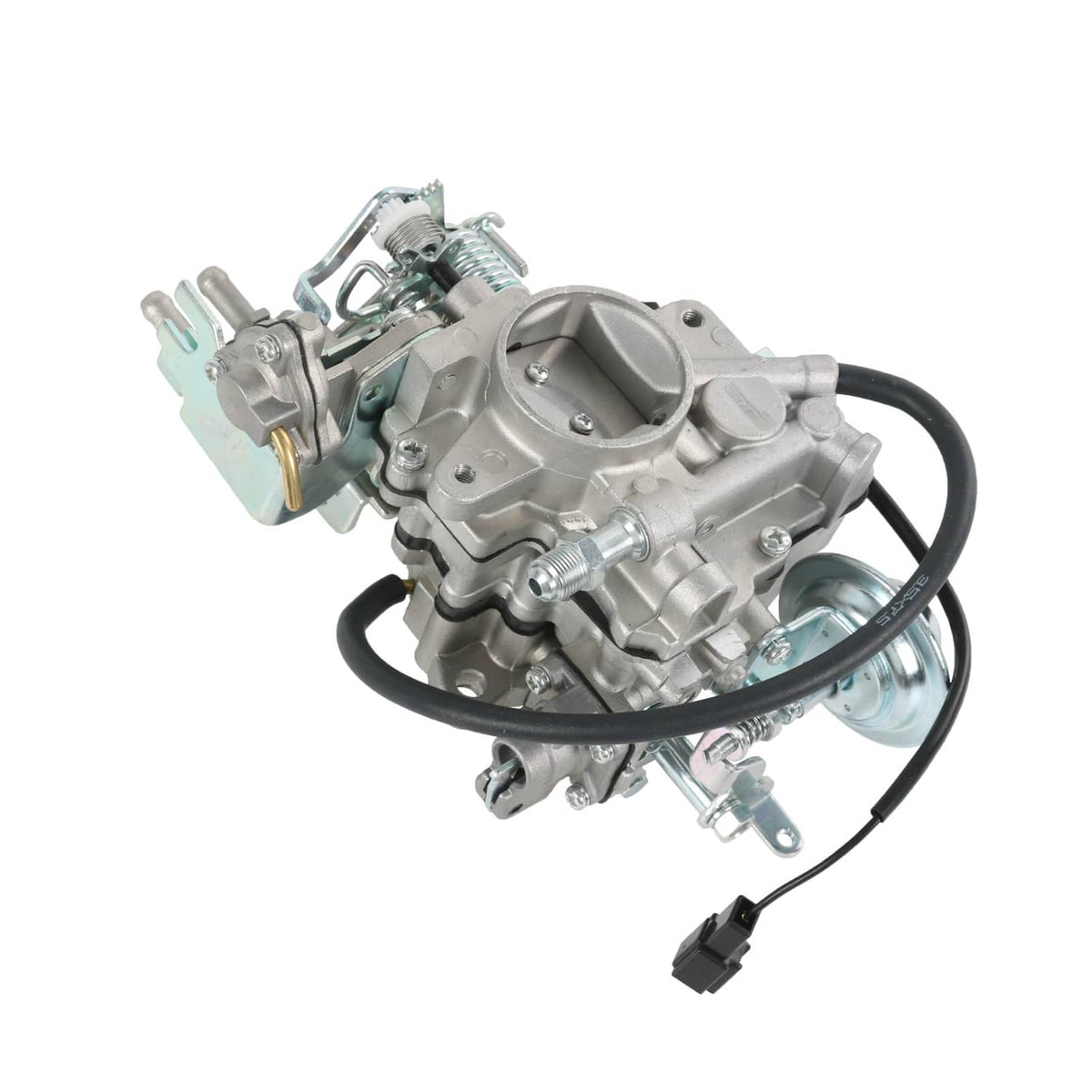 Carburetor assembly with vacuum line and black electrical plug, angled view