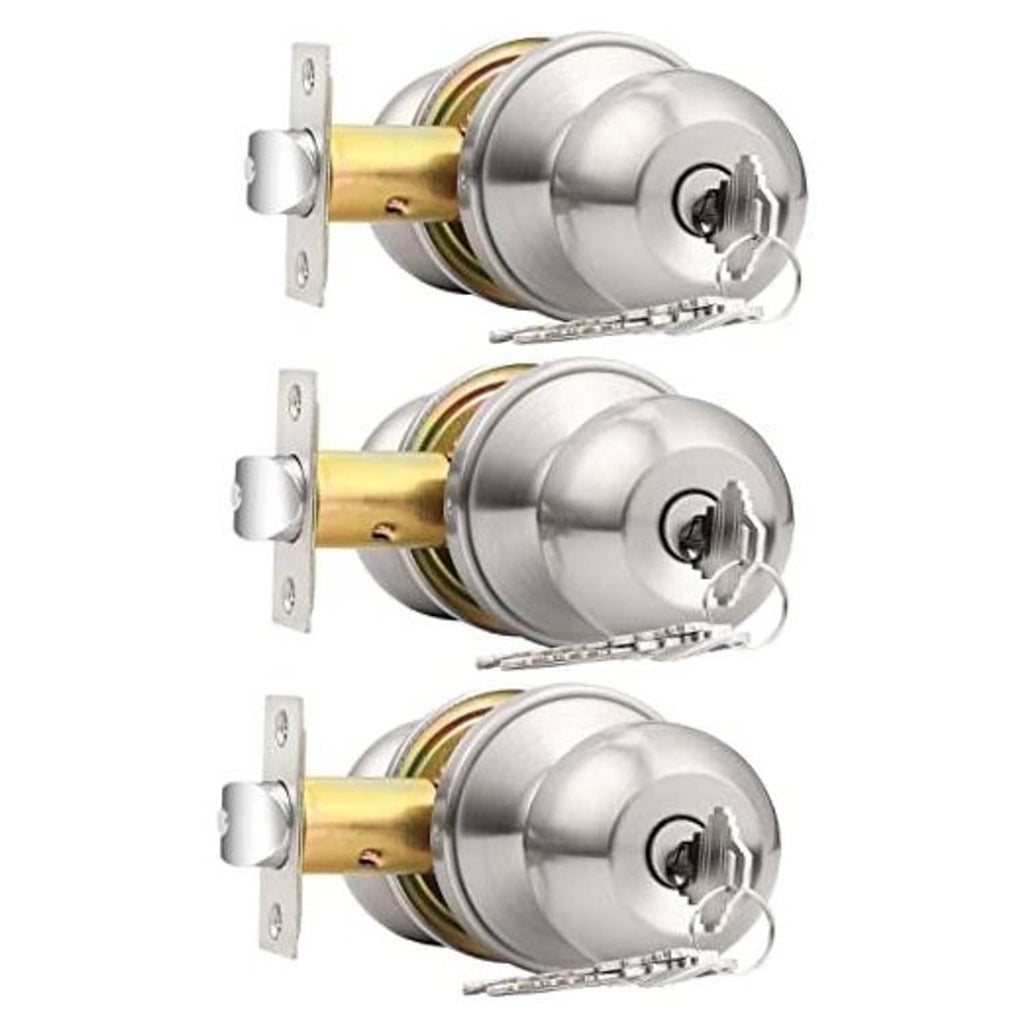 Brushed nickel keyed entry ball door knob lock set with keys, 3-pack