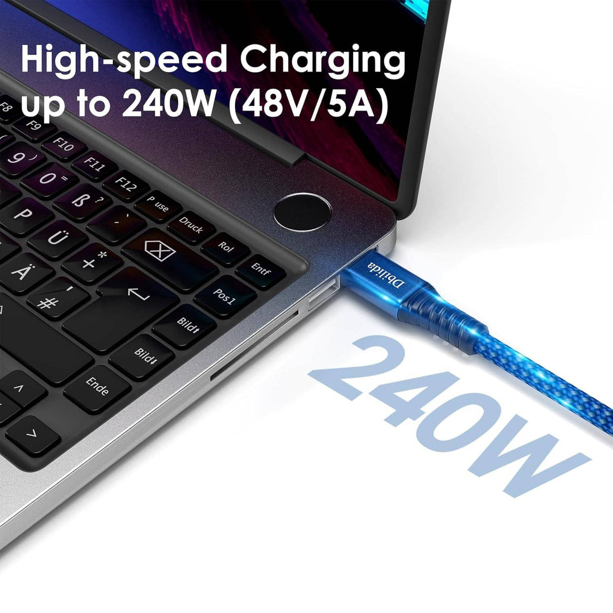 Thunderbolt 4 cable with up to 240W high-speed charging, blue braided jacket