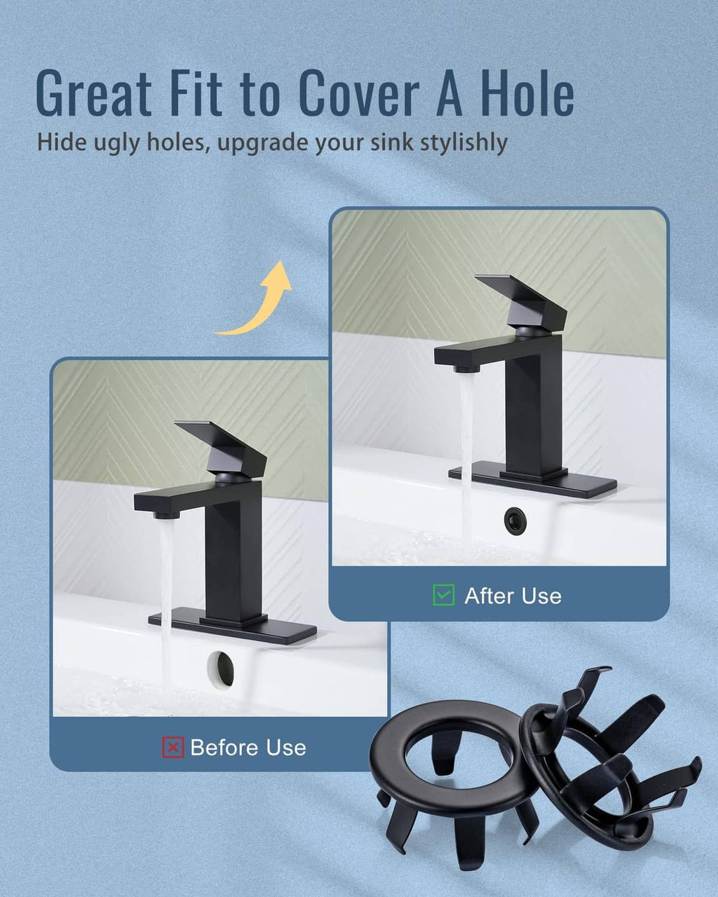 Black sink overflow ring covering an unused sink hole for a clean look
