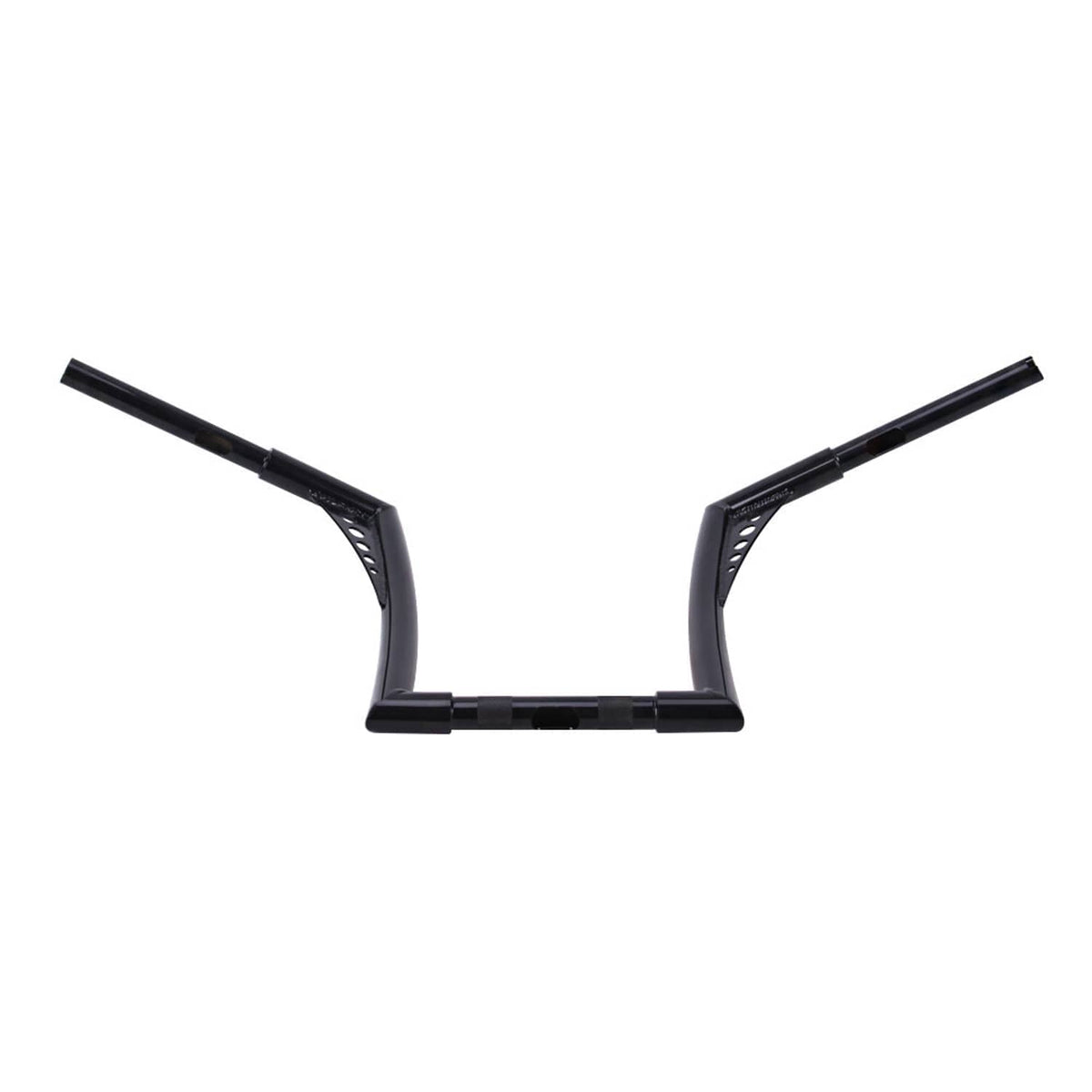 Black ape hanger handlebars with center clamp and drilled mounting holes, wide view