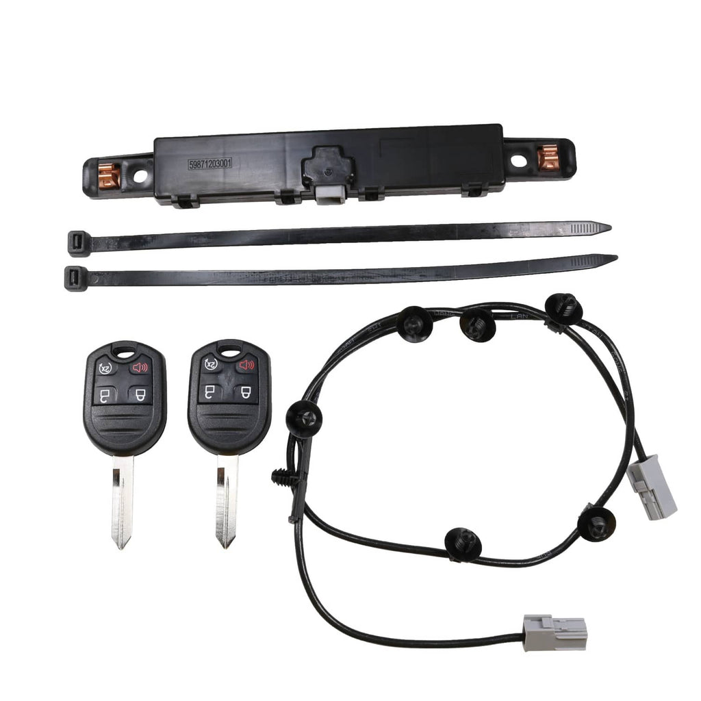 Remote car start RPO kit module, two key fobs, and wiring harness with connectors