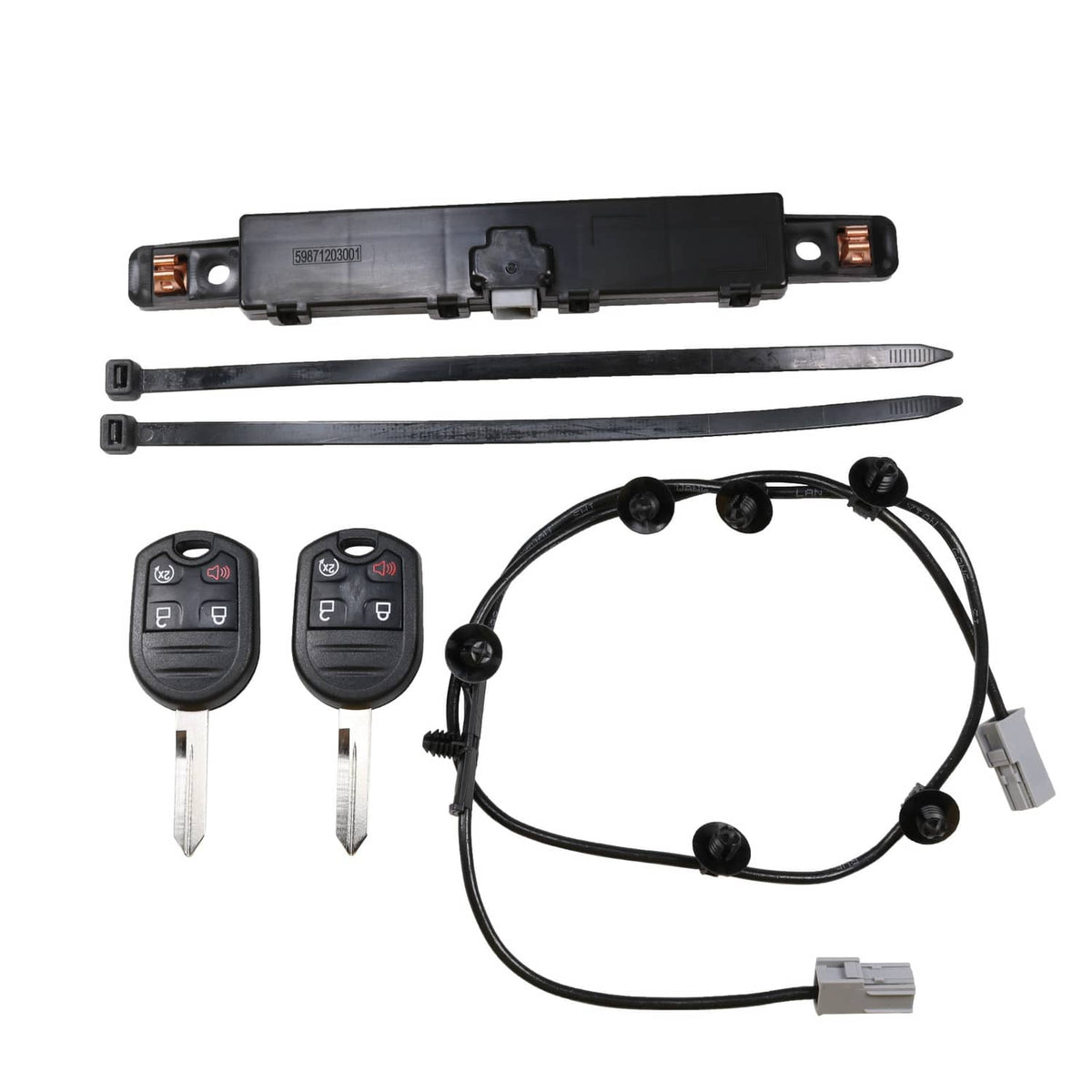 Remote car start RPO kit module, two key fobs, and wiring harness with connectors