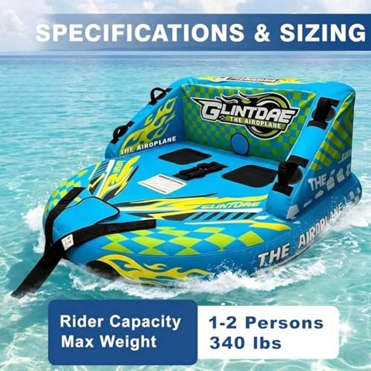 Inflatable towable tube with GLINTDAE logo, dual tow handles, and checkered blue base