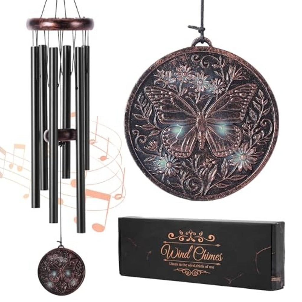 Wind chime with copper butterfly medallion hanging by hook, plus product gift box