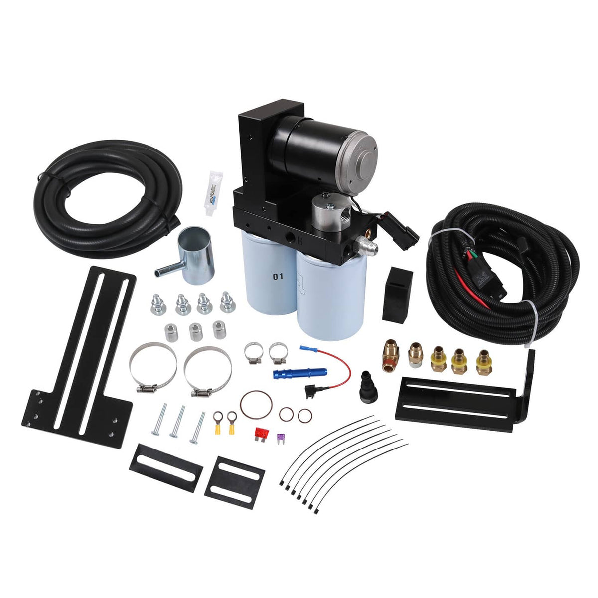 Diesel fuel lift pump system kit with black pump unit, wiring, and two white fuel canisters