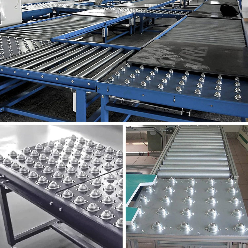Ball transfer roller casters on a conveyor roller bed with mounting studs