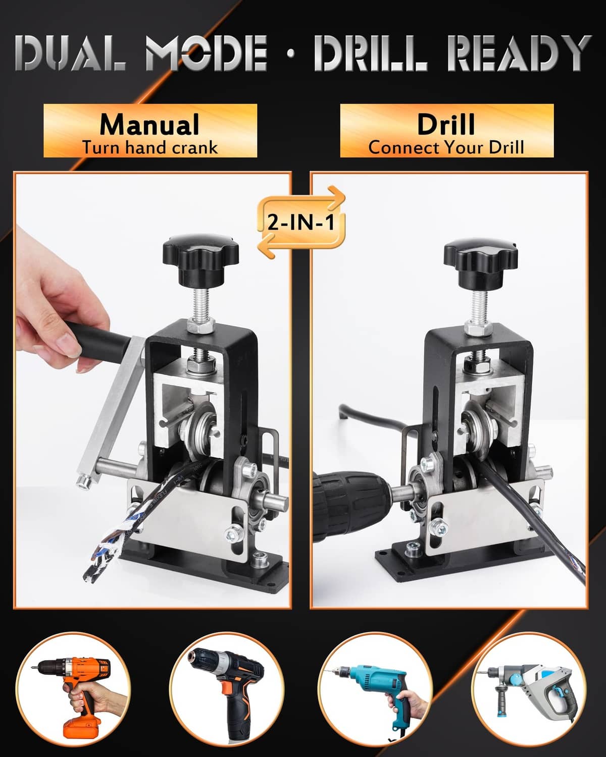 Dual-mode wire stripping machine with manual hand crank and drill-powered connection