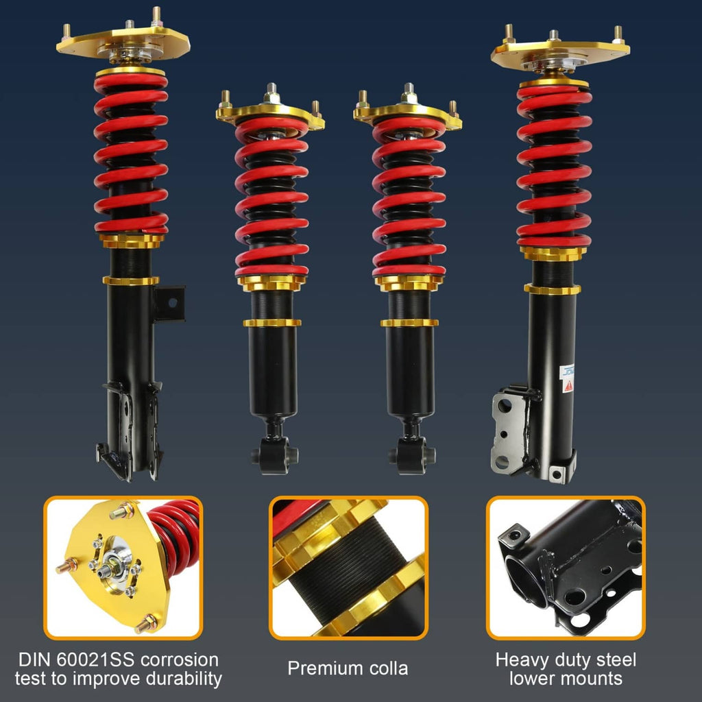 Four-piece coilover suspension set with red springs, gold tops, and black shock bodies