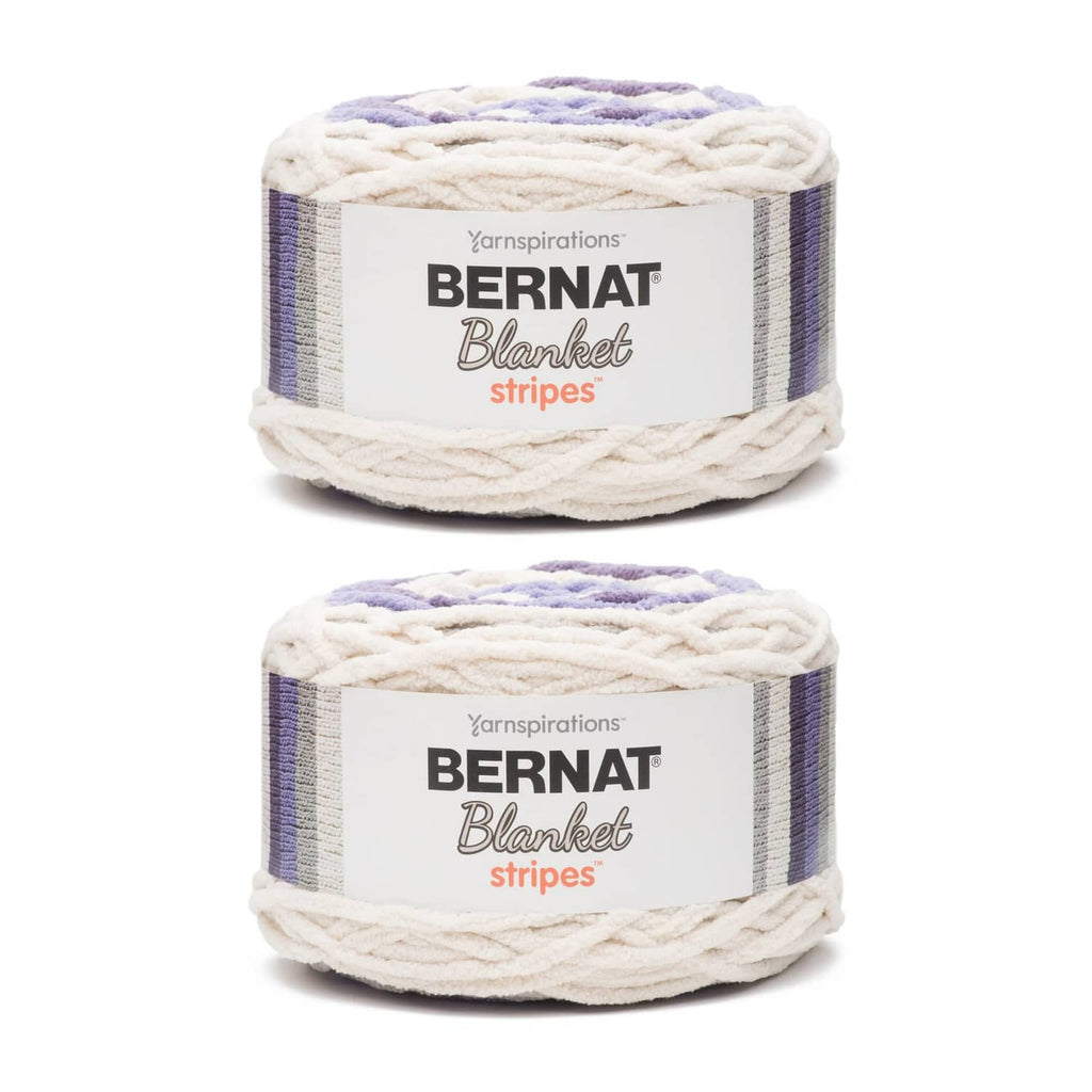 Bernat Baby Blanket stripes yarn cakes, white with lavender striped bands (2-pack)