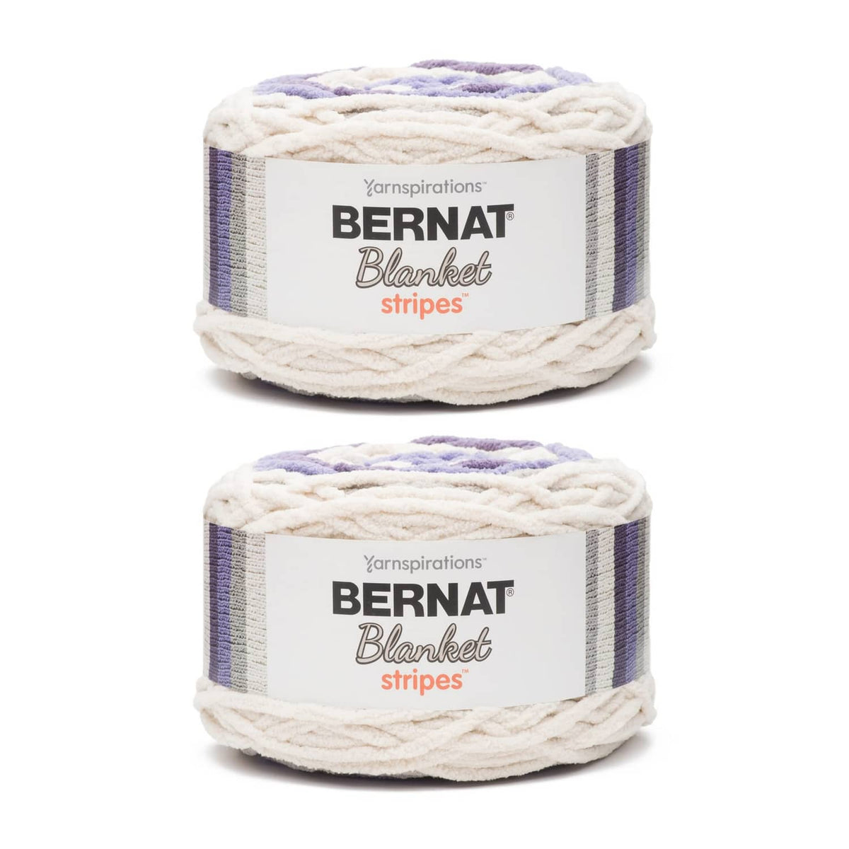 Bernat Baby Blanket stripes yarn cakes, white with lavender striped bands (2-pack)