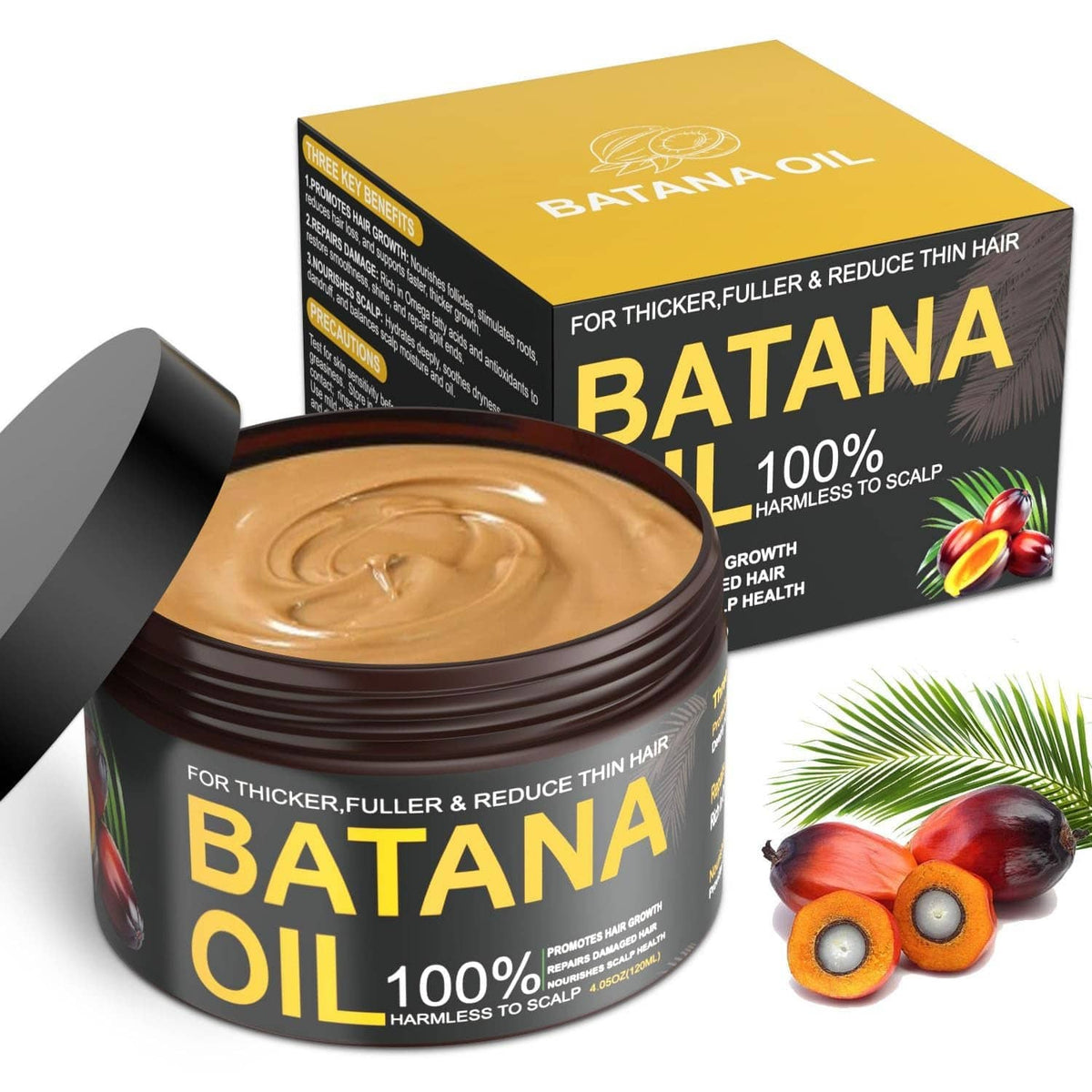 Batana oil hair growth jar and box, amber-brown oil in dark container