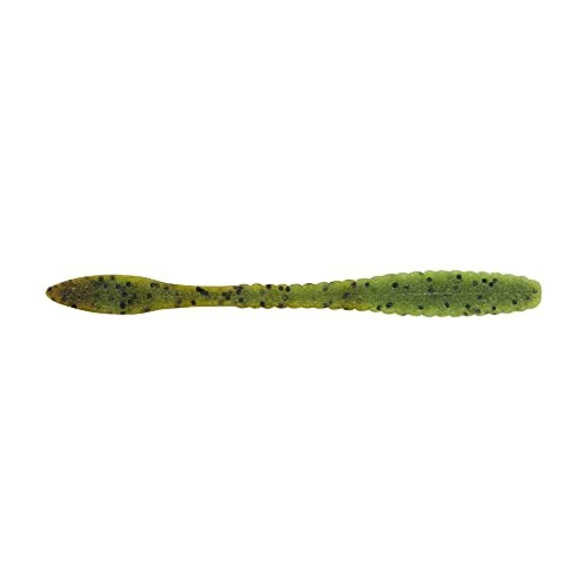 Light green soft plastic fishing worm with dark speckles, green pumpkin watermelon