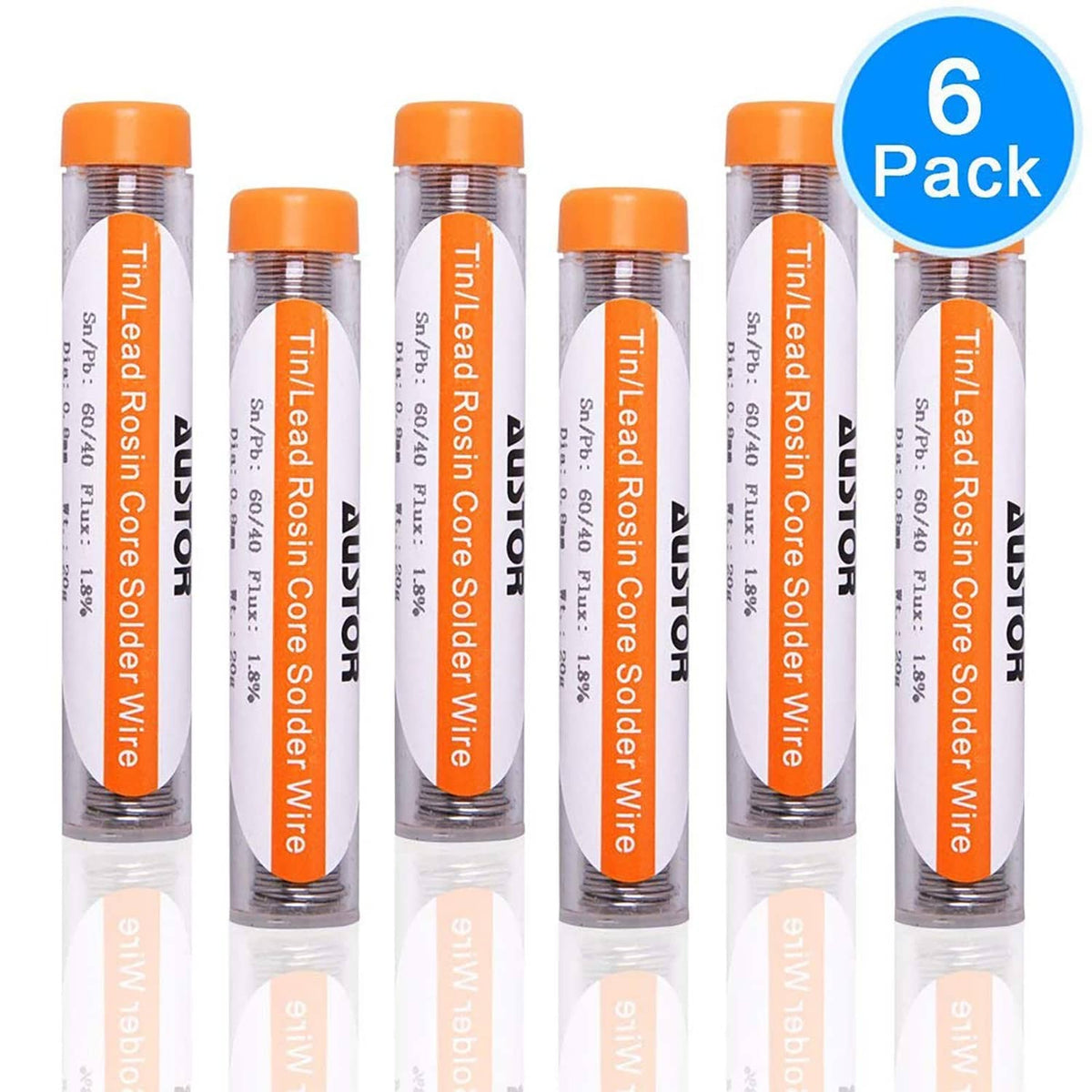 6-pack tin/lead rosin-core solder wire tubes with orange tops