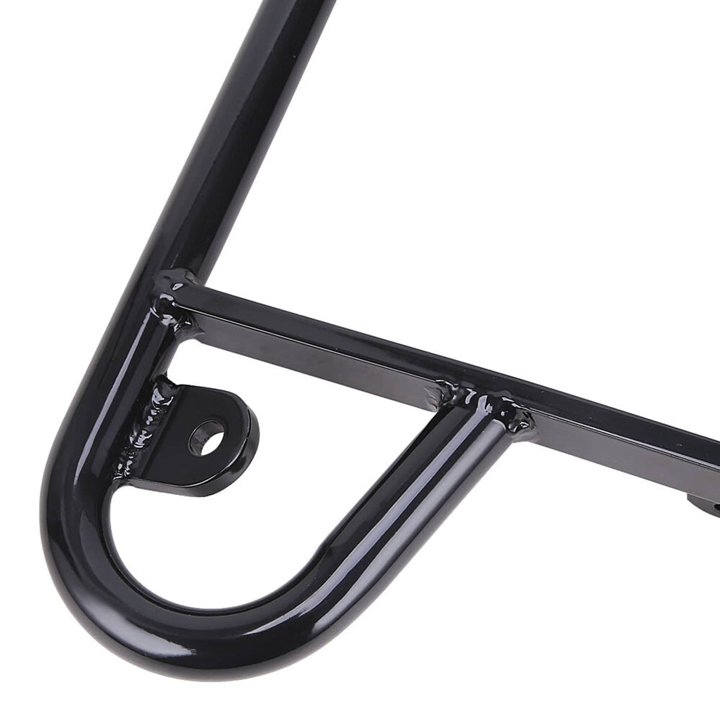 Black rear bumper mounting bracket and curved tubular bar, close-up